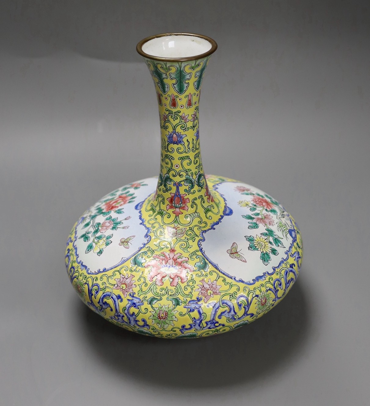 A Chinese Canton enamel yellow ground vase, 25cm